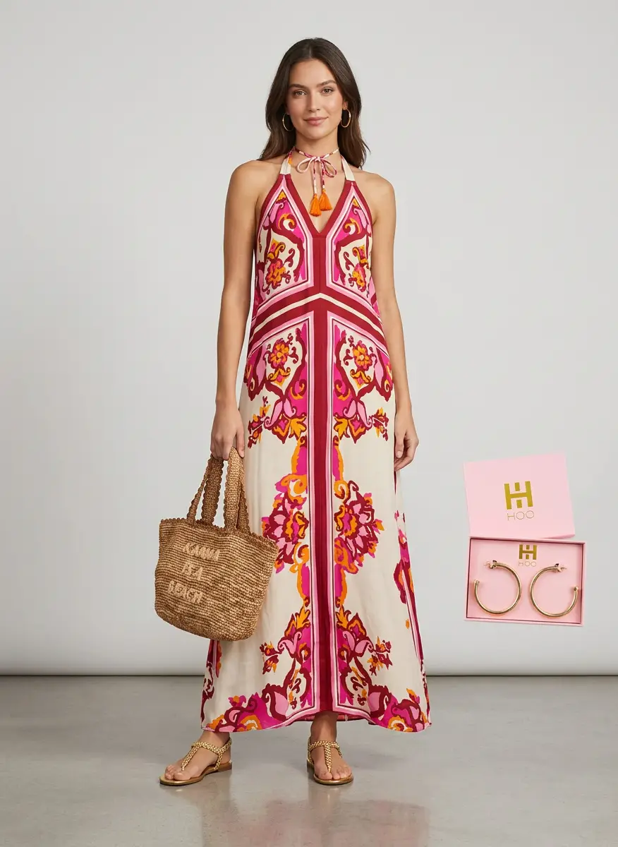 Poupette St Barth Mary printed halterneck satin maxi dress 8