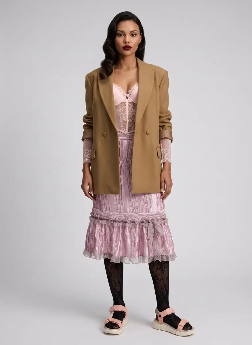 Anna Sui Pink Crushed Satin Ruffle Midi Skirt 5