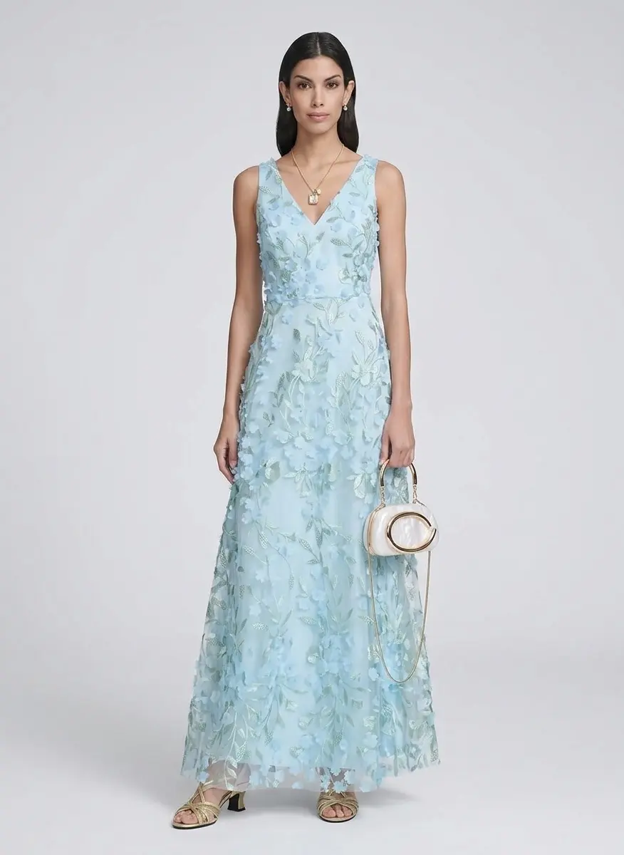 eliza j light blue lace dress Eliza J Women's Illusion Neck Cap Sleeve Gown - Blue