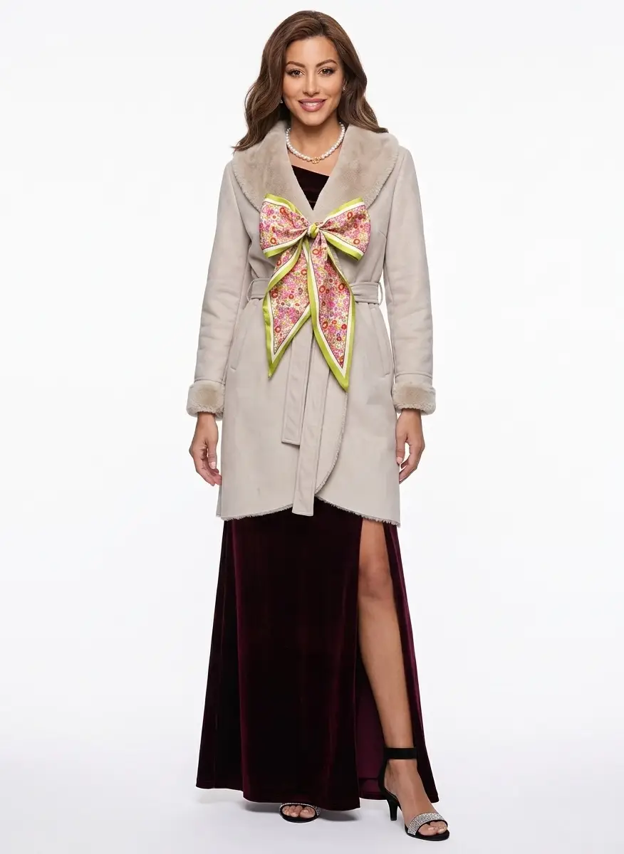 Via Spiga Women's BELTED SHAWL WRAP FAUX SHEARLING COAT 8
