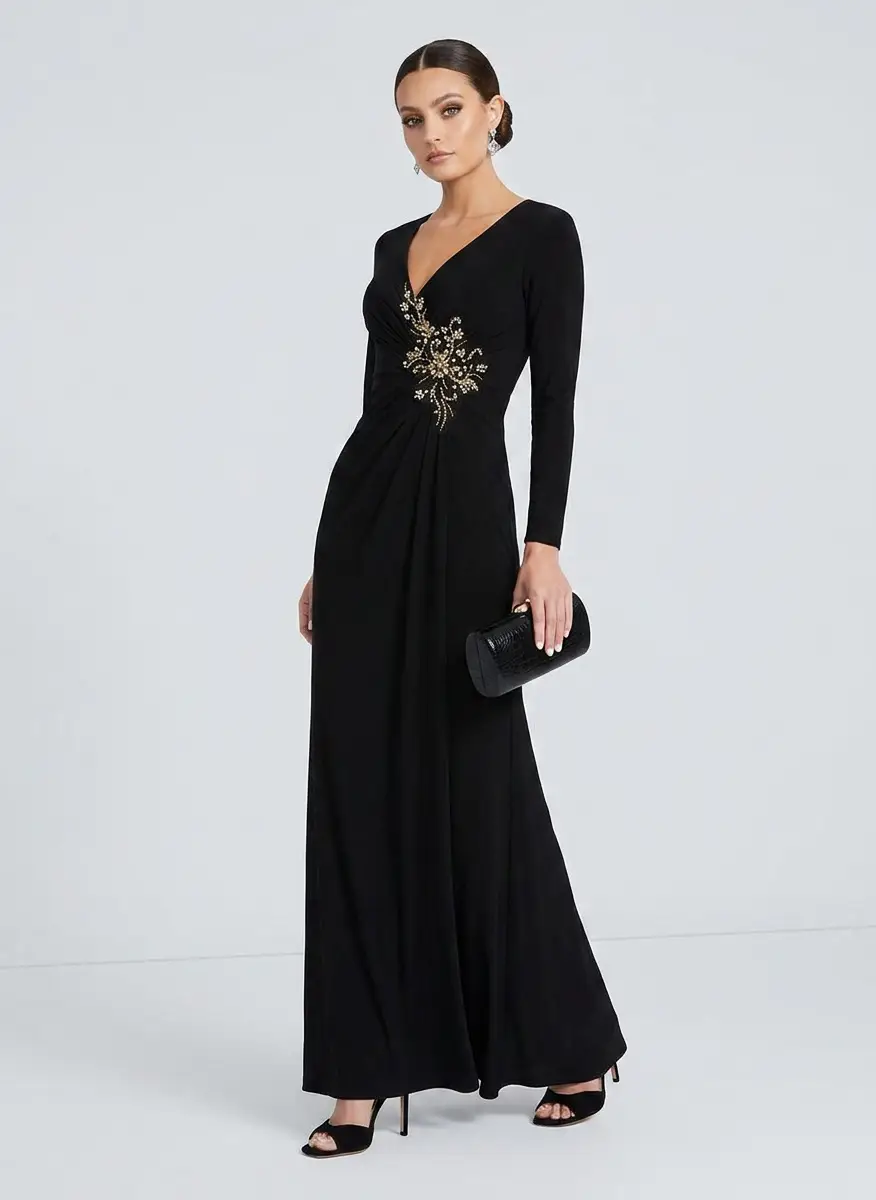 Mac Duggal Women's Faux Wrap Long Sleeve Evening Gown with Appliqué Detail 4