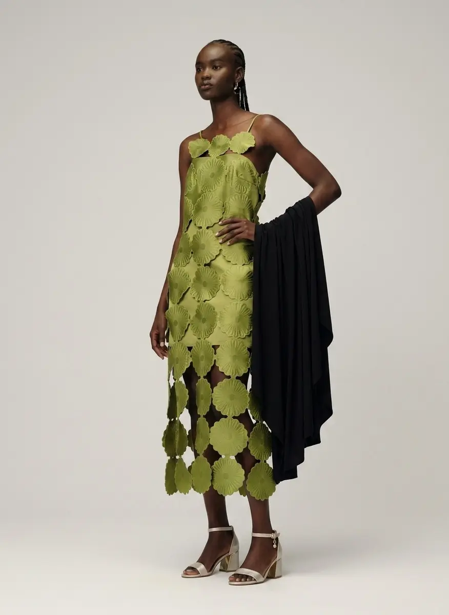 arrange cutwork floral midi dress with fringe hem in green ASOS wedding guest dress