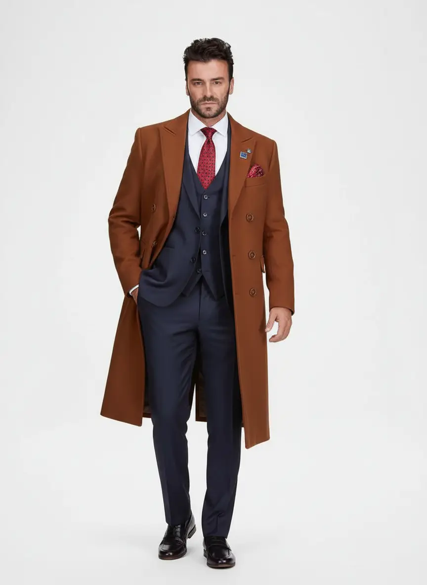Braveman Men's Double-Breasted Knee Length Wool Blend Three Button Long Overcoat Top Coat 6