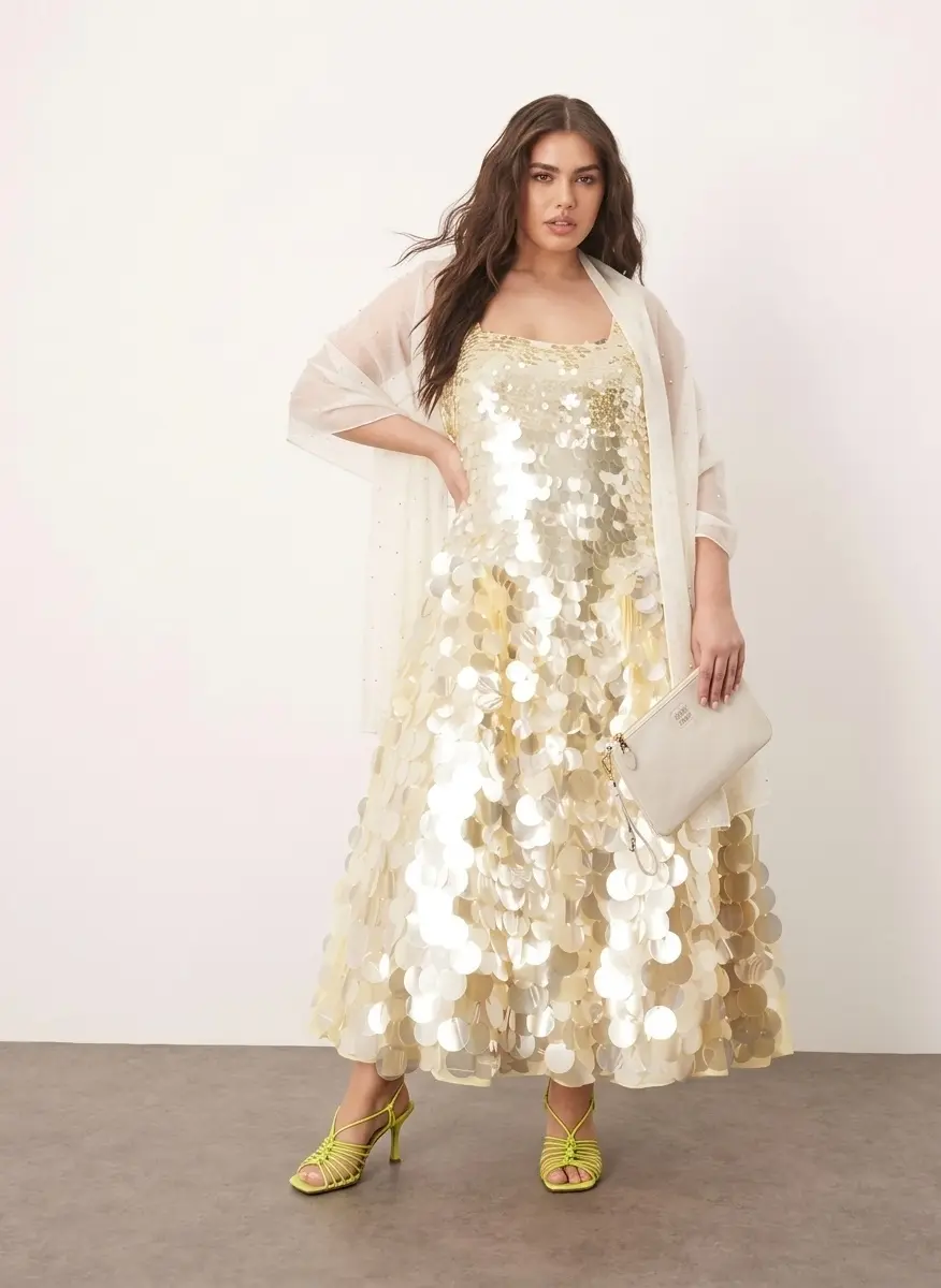 arrange embellished disc sequin dress ARRANGE Curve square neck full skirt midi in lemon - Dresses & Skirts - Free Shipping making it perfect for special occasions or celebrations ARRANGE Curve embellished disc sequin