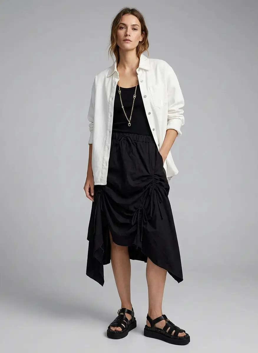 YOHJI YAMAMOTO Black Gathered Denim Midi Skirt 5