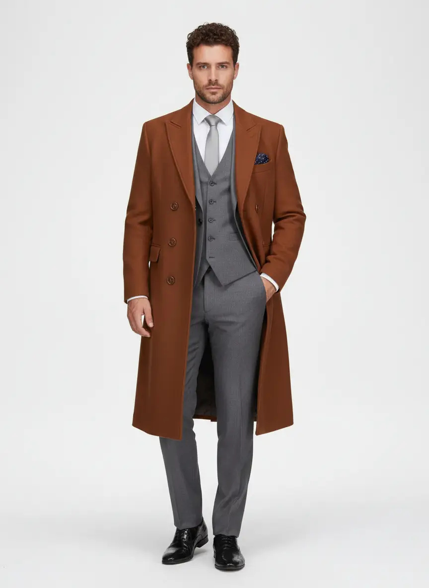 Braveman Men's Double-Breasted Knee Length Wool Blend Three Button Long Overcoat Top Coat 7