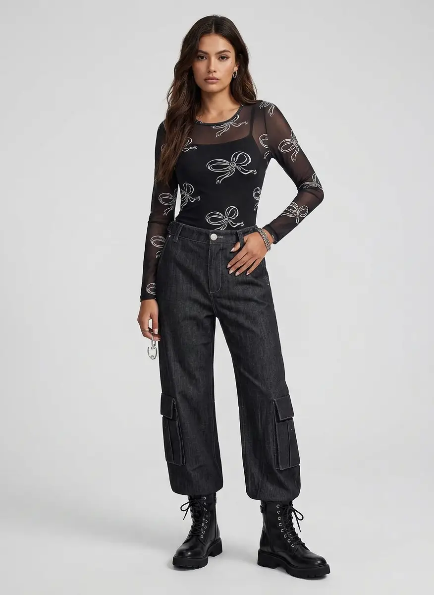NULLUS Black Whale Fin Snap-On Denim Cargo Pants 6