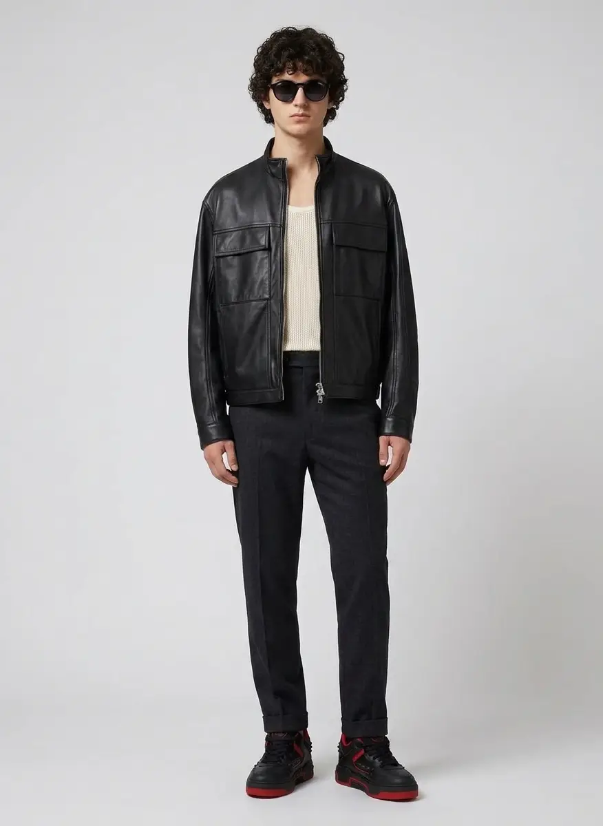 Solid Homme Black High-Neck Two-Pocket Leather Jacket 5