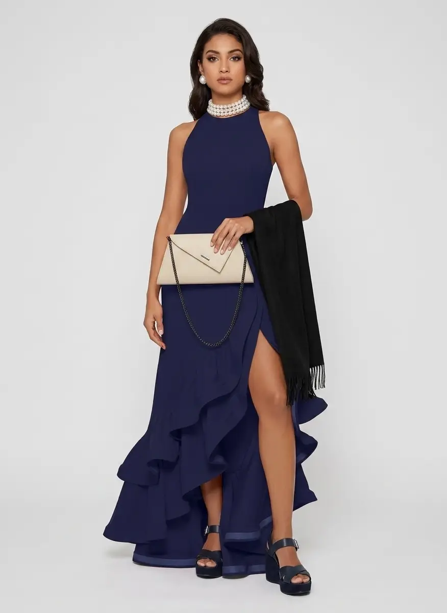 Betsy & Adam Women's Halter Neck Ruffle Tier Scuba Crepe Gown 2