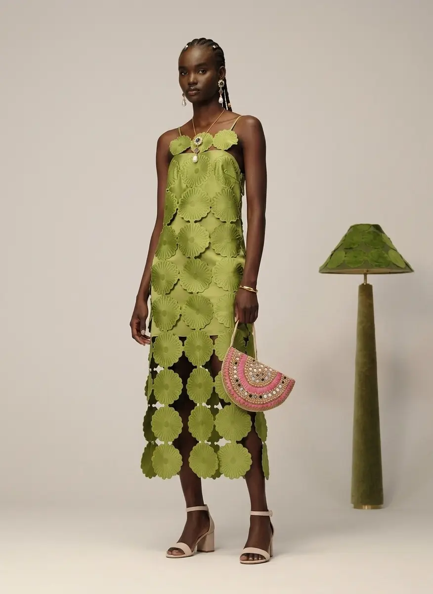 arrange cutwork floral midi dress with fringe hem in green ASOS wedding guest dress