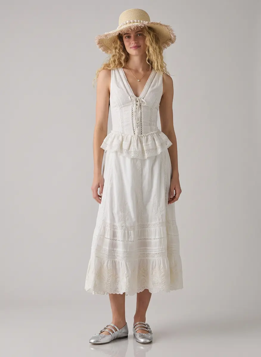 perfectly victorian lace trim corset midi dress UO Perfectly Victorian Lace Trim Corset Midi Dress in Brown Cotton, Women's XL at Urban Outfitters