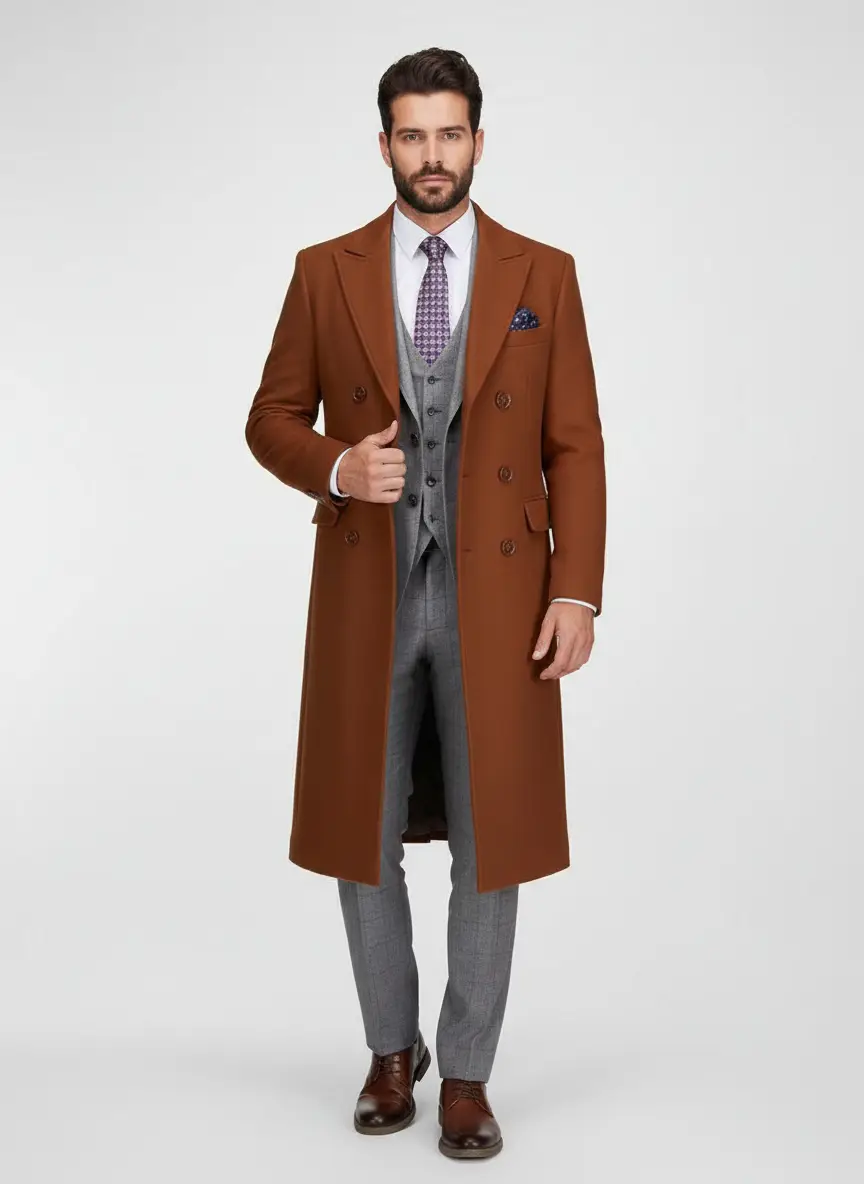 Braveman Men's Double-Breasted Knee Length Wool Blend Three Button Long Overcoat Top Coat 5
