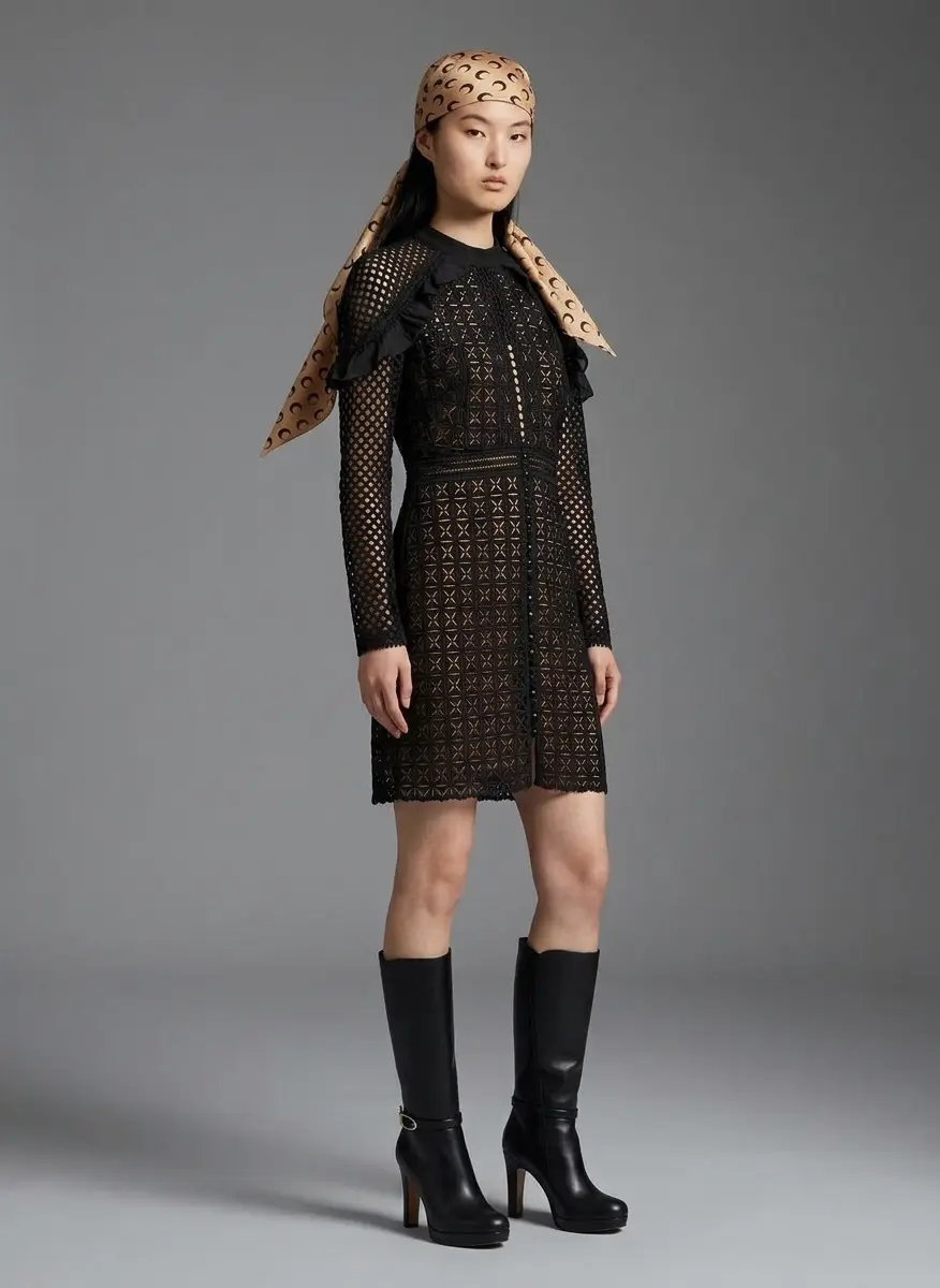 Self Portrait Self-Portrait Black Geometric Pattern Lace Ruffled Mini Dress S 7