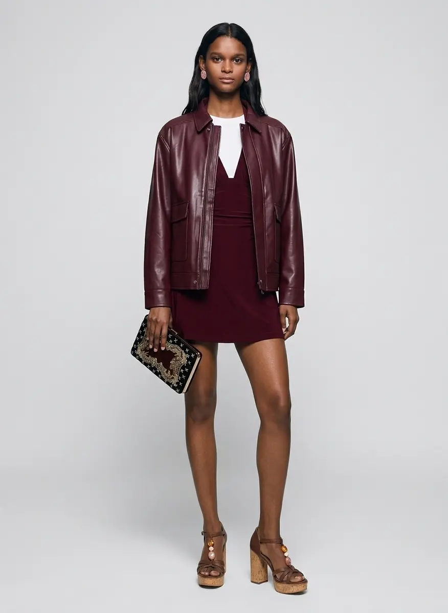 bershka red leather dress Bershka Asymmetric Leather Effect Mini Dress in Red